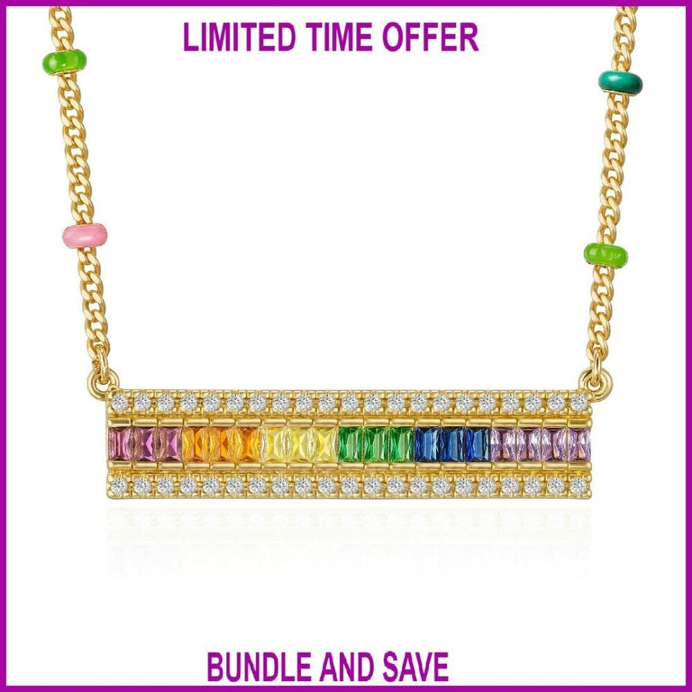 14K Gold Plated Bar Pendant Necklace with Cubic Zirconia, 16.15" Chain